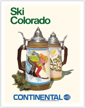 Ski Colorado - Skiing Beer Steins - Continental Airlines - Vintage Airline Travel Poster c.1980s - Fine Art Matte Paper Print (Unframed) 11x14in