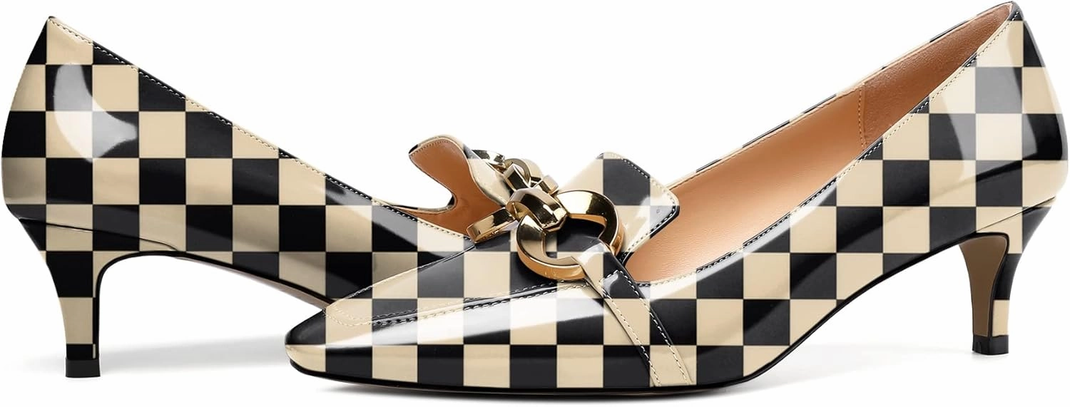 Soireelady Women’s Kitten Heel Pumps Square Toe Low Heel Shoes Metal Buckle Design Slip On Heels Classic Retro Comfort Office Formal Shoes 2Inch