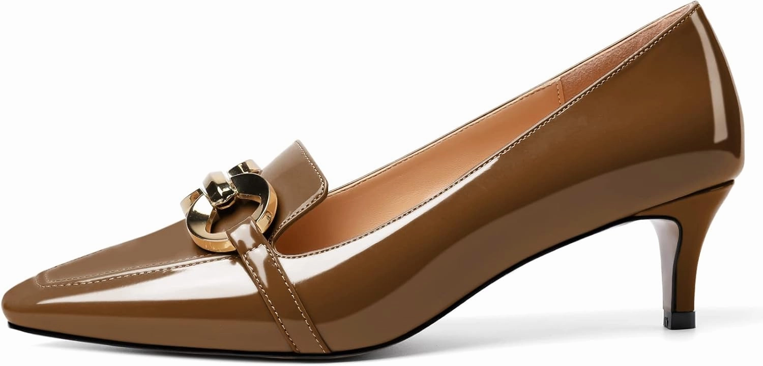 Soireelady Women’s Kitten Heel Pumps Square Toe Low Heel Shoes Metal Buckle Design Slip On Heels Classic Retro Comfort Office Formal Shoes 2Inch