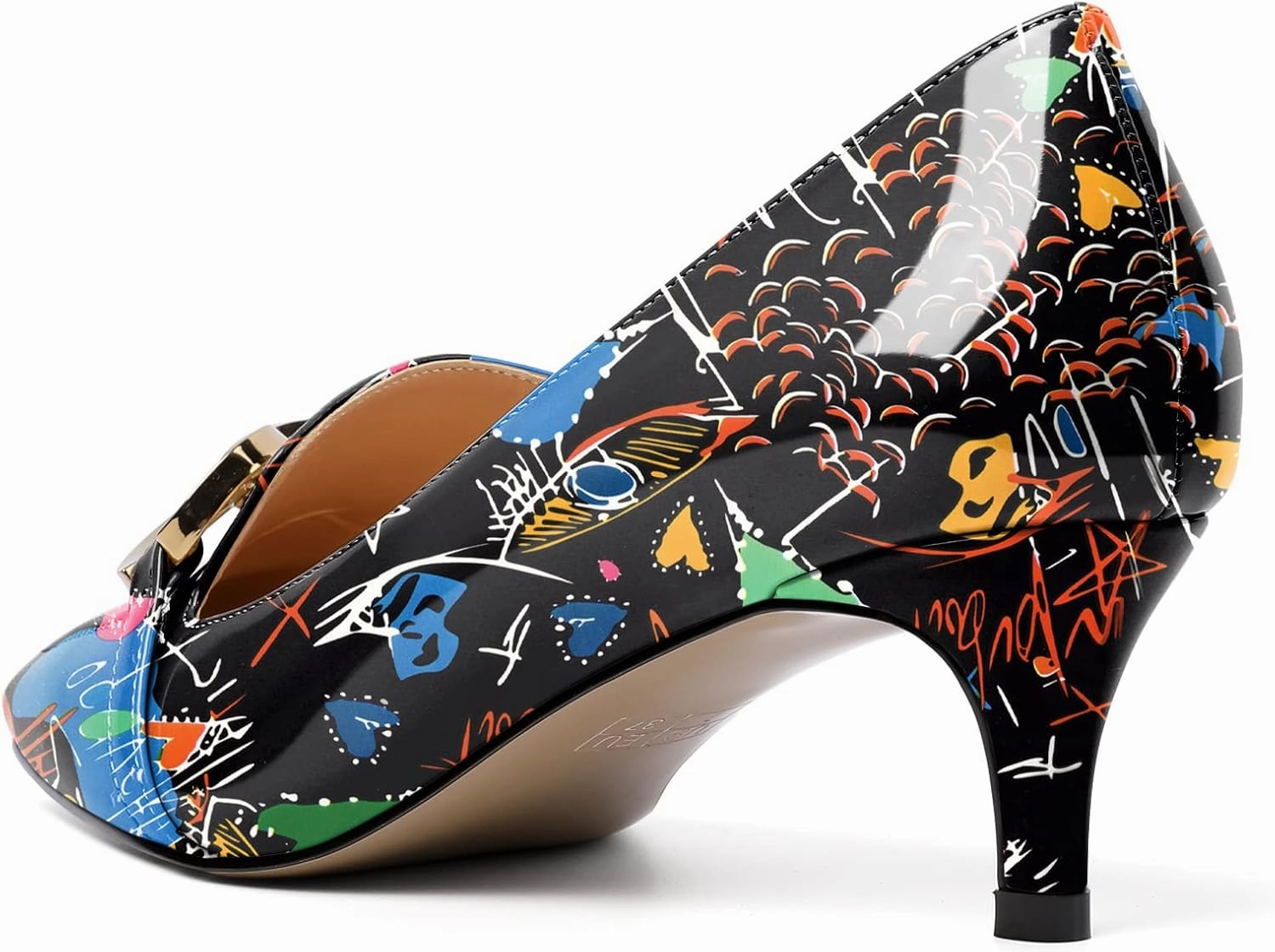 Soireelady Women’s Kitten Heel Pumps Square Toe Low Heel Shoes Metal Buckle Design Slip On Heels Classic Retro Comfort Office Formal Shoes 2Inch