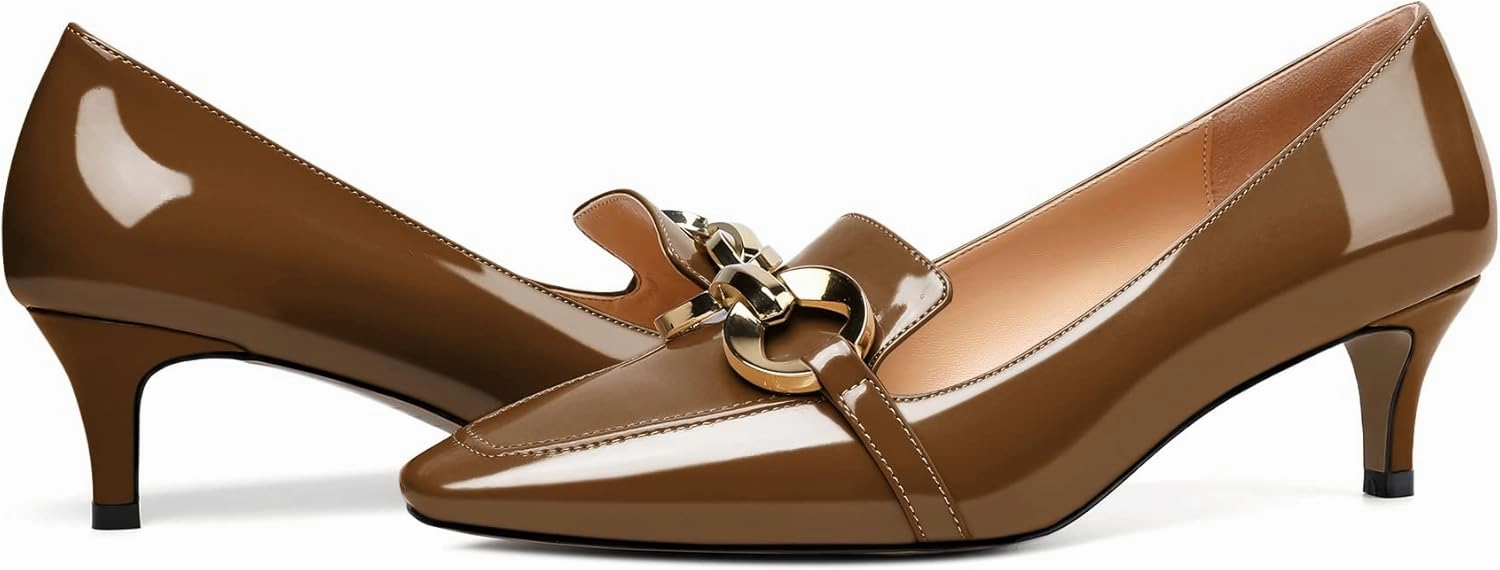 Soireelady Women’s Kitten Heel Pumps Square Toe Low Heel Shoes Metal Buckle Design Slip On Heels Classic Retro Comfort Office Formal Shoes 2Inch