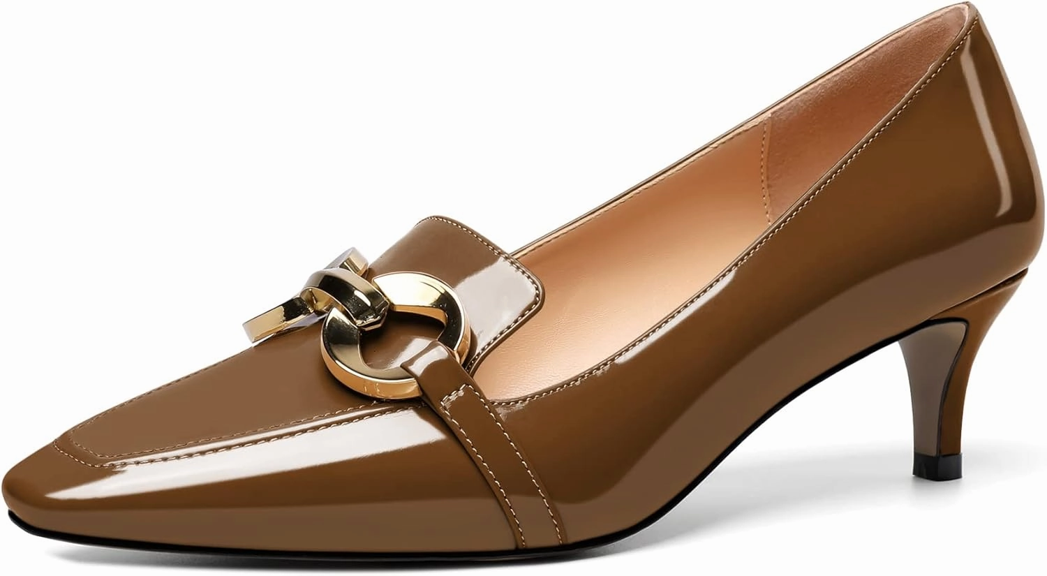 Soireelady Women’s Kitten Heel Pumps Square Toe Low Heel Shoes Metal Buckle Design Slip On Heels Classic Retro Comfort Office Formal Shoes 2Inch