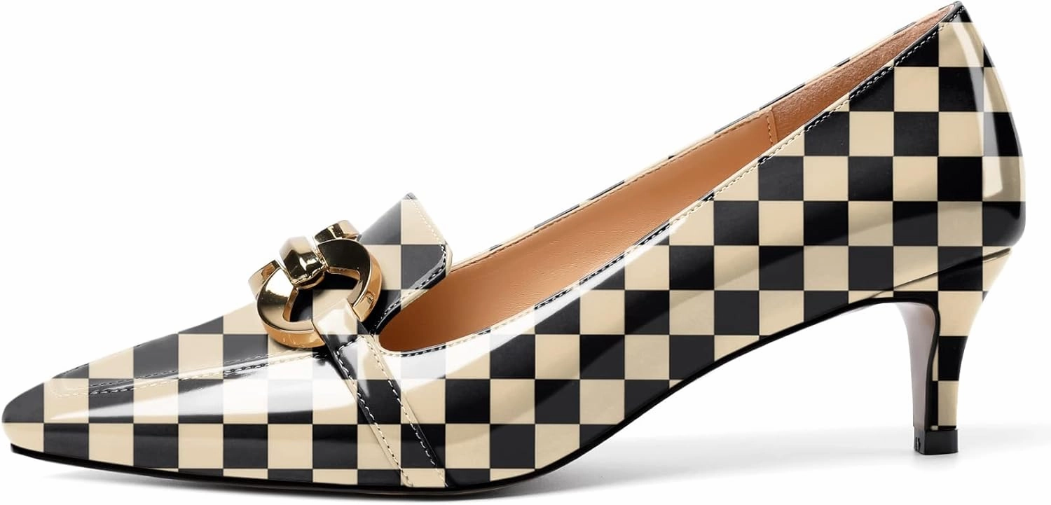 Soireelady Women’s Kitten Heel Pumps Square Toe Low Heel Shoes Metal Buckle Design Slip On Heels Classic Retro Comfort Office Formal Shoes 2Inch