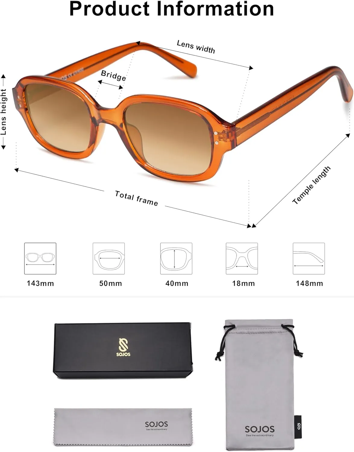 SOJOS Rectangle Sunglasses for Women Vintage Trendy Outdoor Travel Sun Glasses Square Frame SJ2218