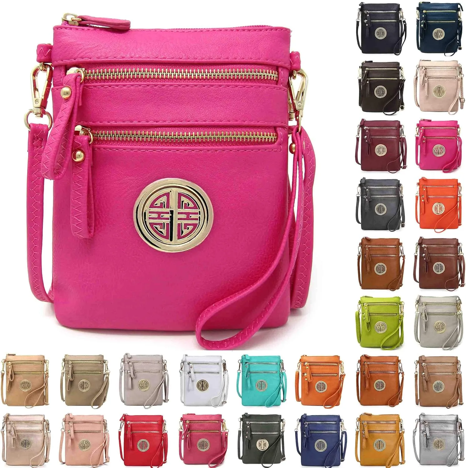 Solene Women's Faux Leather Organizer Multi Zipper Pockets With Detachable Wristlet Crossbody Bag