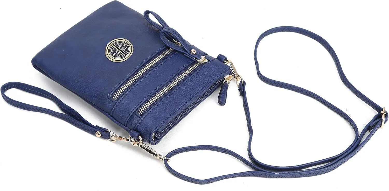 Solene Women's Faux Leather Organizer Multi Zipper Pockets With Detachable Wristlet Crossbody Bag