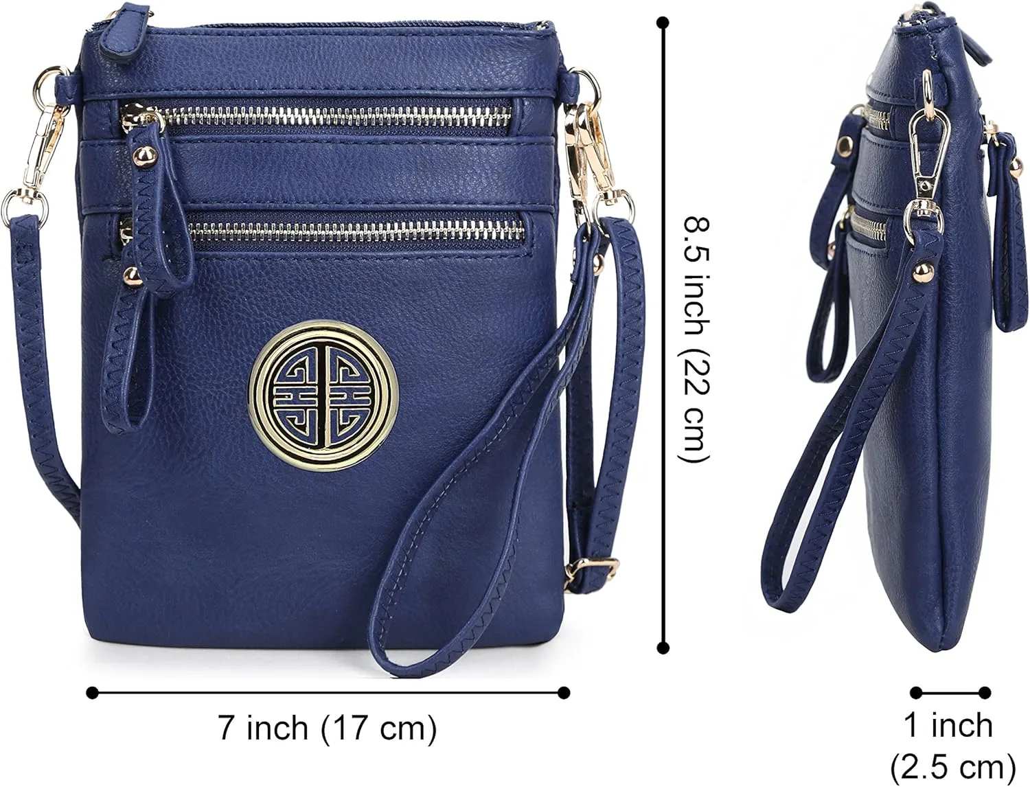 Solene Women's Faux Leather Organizer Multi Zipper Pockets With Detachable Wristlet Crossbody Bag