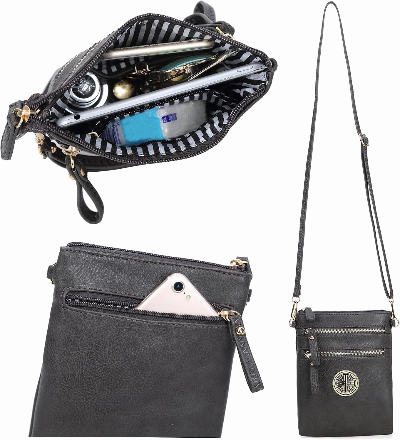 Solene Women's Faux Leather Organizer Multi Zipper Pockets With Detachable Wristlet Crossbody Bag