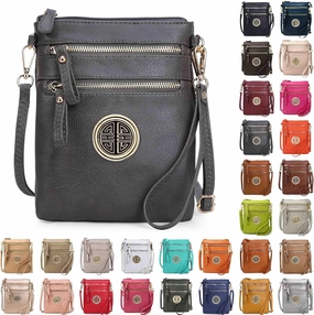 Solene Women's Faux Leather Organizer Multi Zipper Pockets With Detachable Wristlet Crossbody Bag