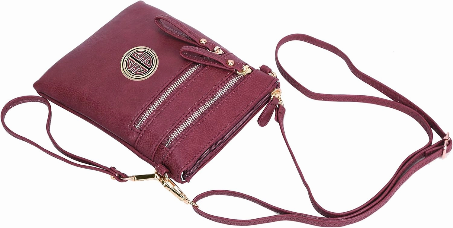 Solene Women's Faux Leather Organizer Multi Zipper Pockets With Detachable Wristlet Crossbody Bag
