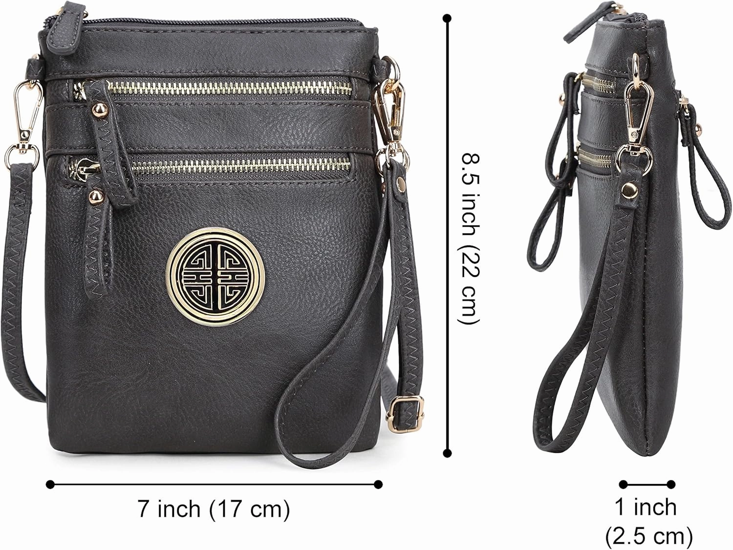 Solene Women's Faux Leather Organizer Multi Zipper Pockets With Detachable Wristlet Crossbody Bag