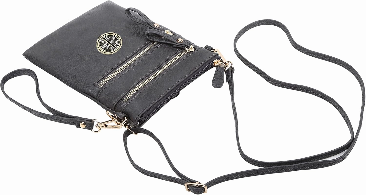 Solene Women's Faux Leather Organizer Multi Zipper Pockets With Detachable Wristlet Crossbody Bag