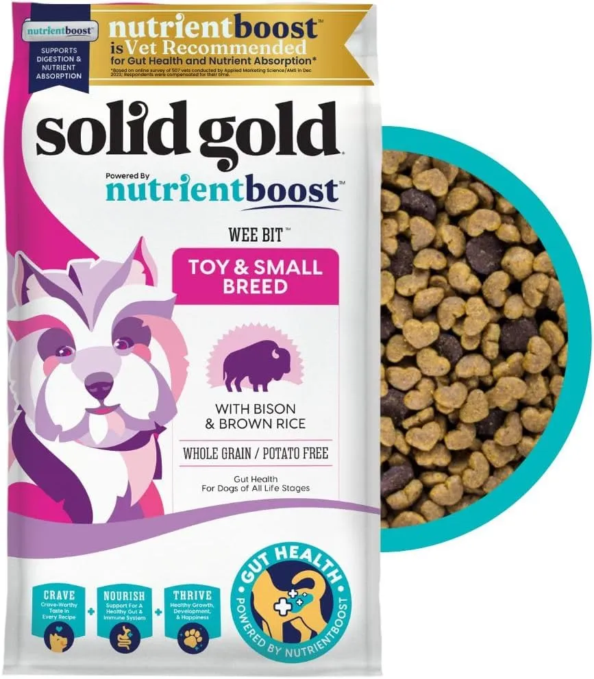 Solid Gold Toy & Small Breed Dog Food Dry Small Bites – Real Bison & Healthy Whole Grain Dogfood – Potato Free, High Fiber Healthy Dog Kibble w/Probiotics for Gut Health – NutrientBoost – 3.75 lb