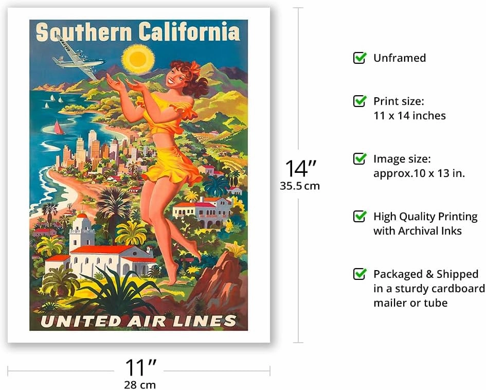 Southern California - United Air Lines - Vintage Airline Travel Poster by Joseph Fehér c.1950 - Fine Art Matte Paper Print (Unframed) 11x14in