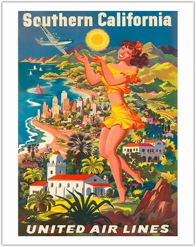 Southern California - United Air Lines - Vintage Airline Travel Poster by Joseph Fehér c.1950 - Fine Art Matte Paper Print (Unframed) 11x14in