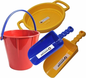 Spielstabil Sand Toys Bundle - Large Pail, Sieve and 2 Scoops (Colors Vary - Made in Germany)