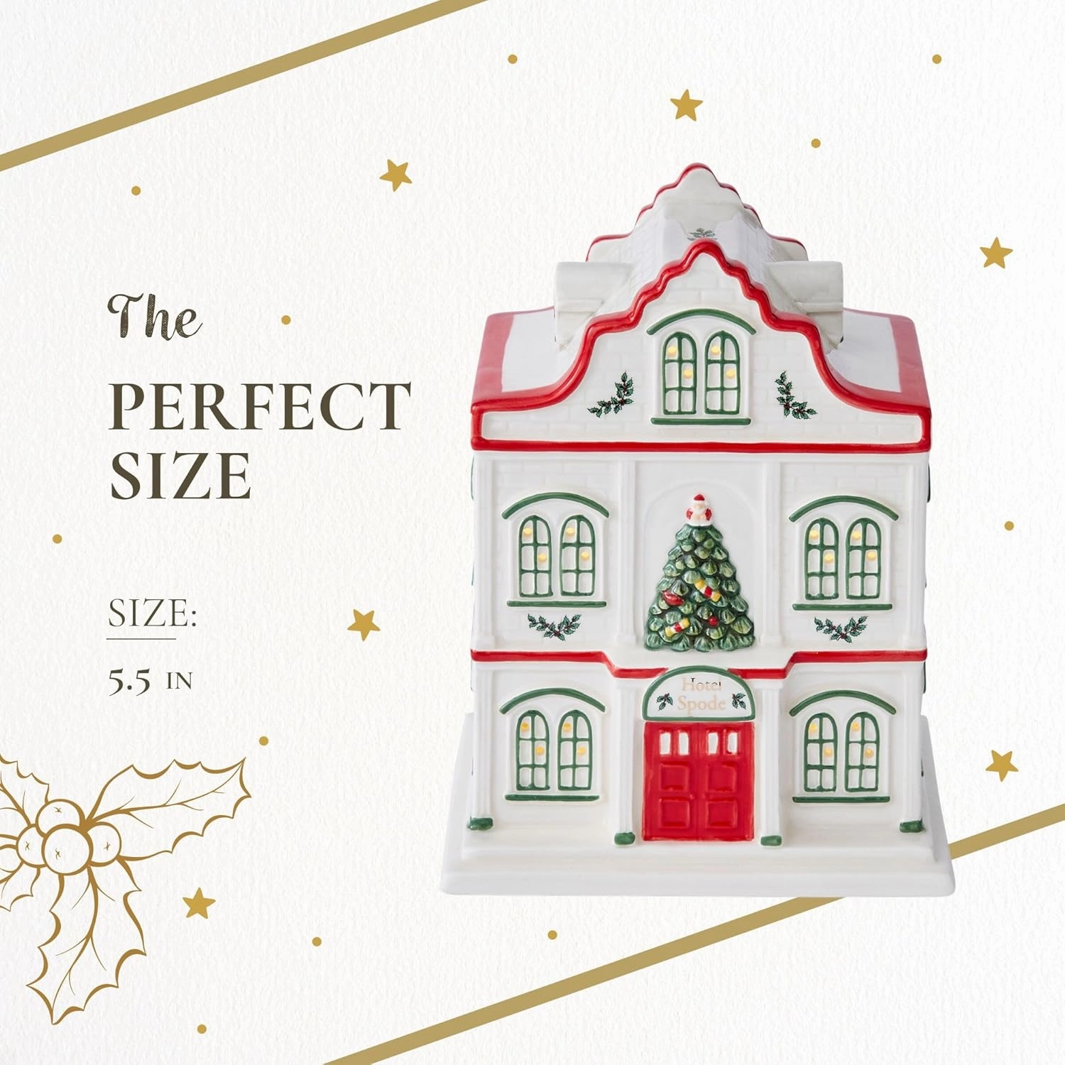 Spode Christmas Tree Miniature Christmas Village Figural Decoration, LED Lighted Christmas Village Set, Ceramic Holiday Decor - Dolomite Christmas Collectible for Indoor Display (Hotel)