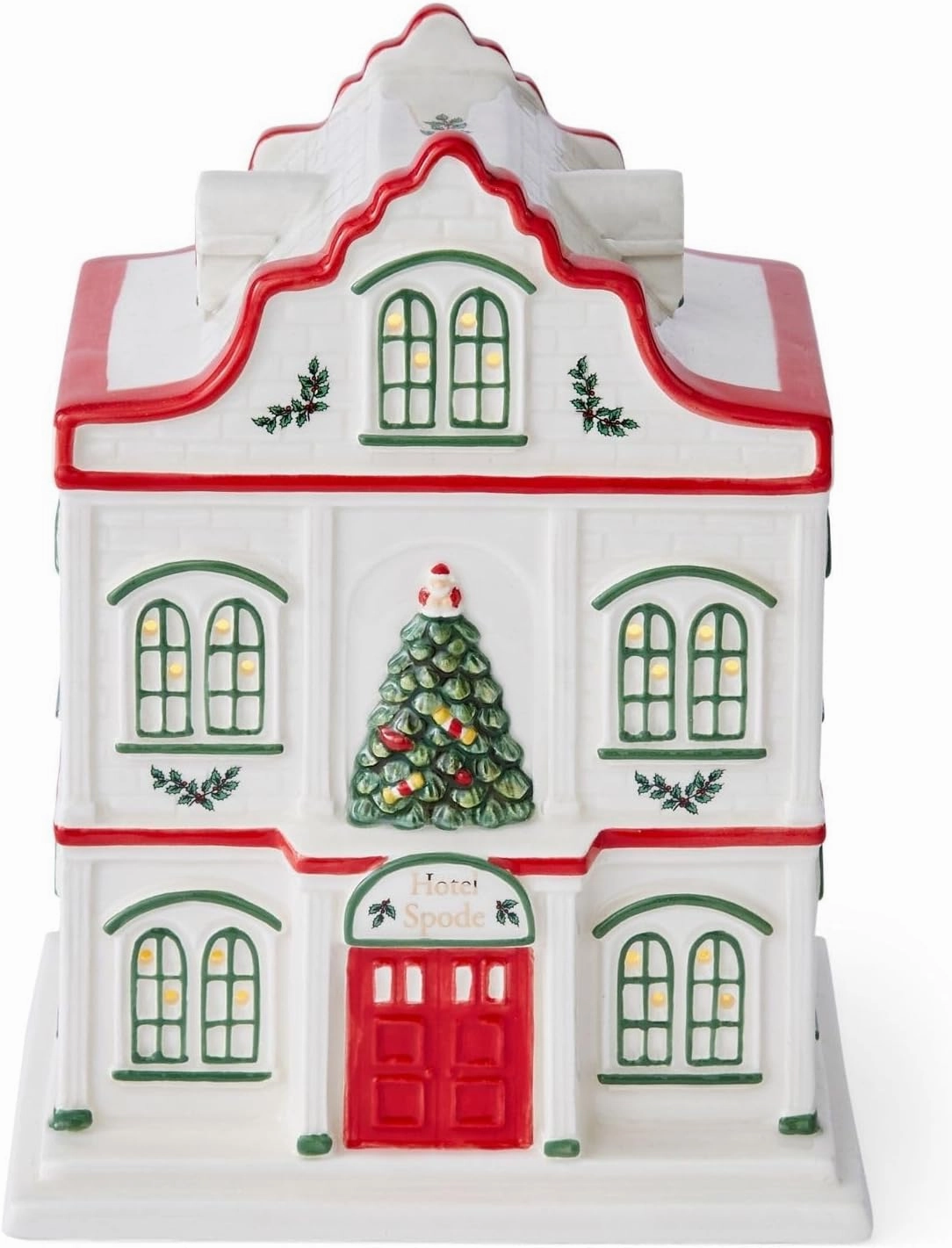 Spode Christmas Tree Miniature Christmas Village Figural Decoration, LED Lighted Christmas Village Set, Ceramic Holiday Decor - Dolomite Christmas Collectible for Indoor Display (Hotel)