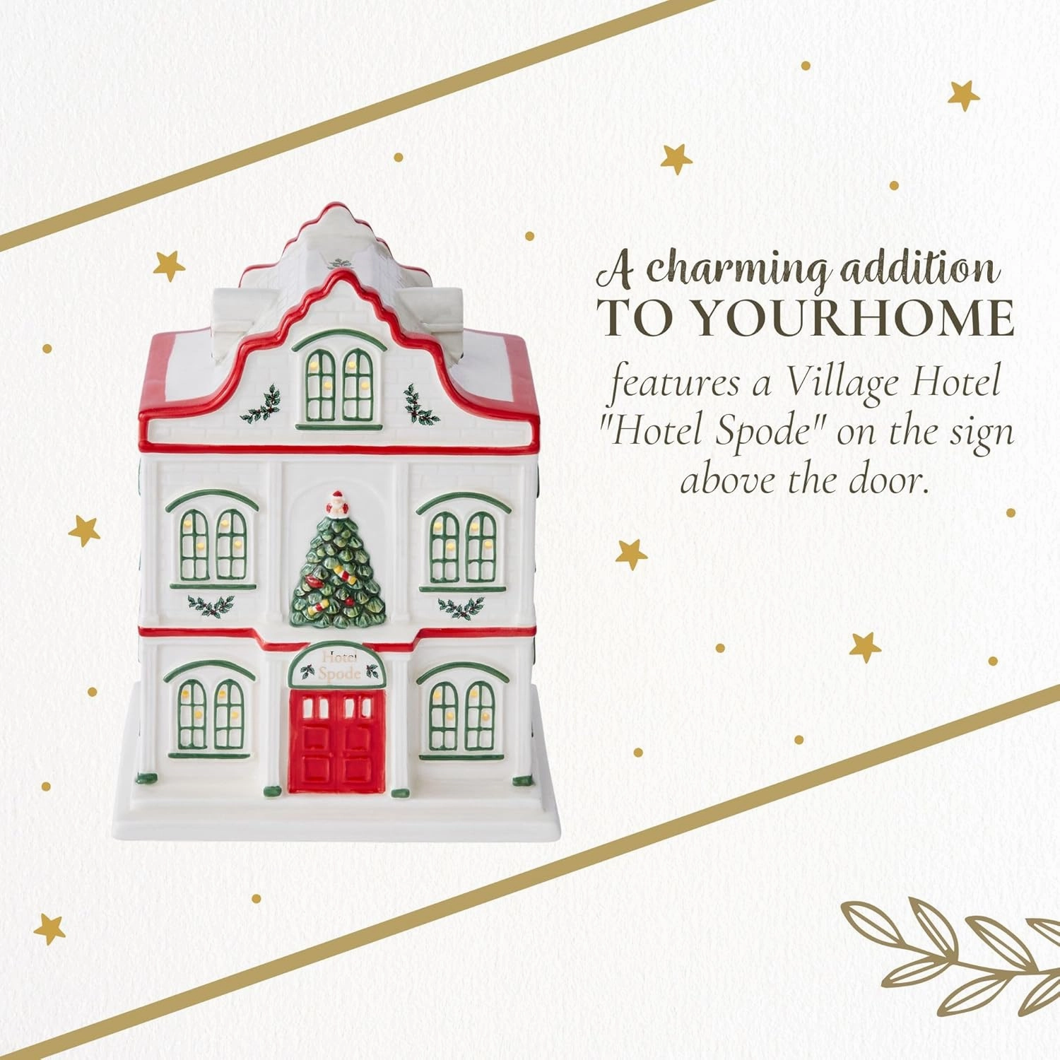Spode Christmas Tree Miniature Christmas Village Figural Decoration, LED Lighted Christmas Village Set, Ceramic Holiday Decor - Dolomite Christmas Collectible for Indoor Display (Hotel)