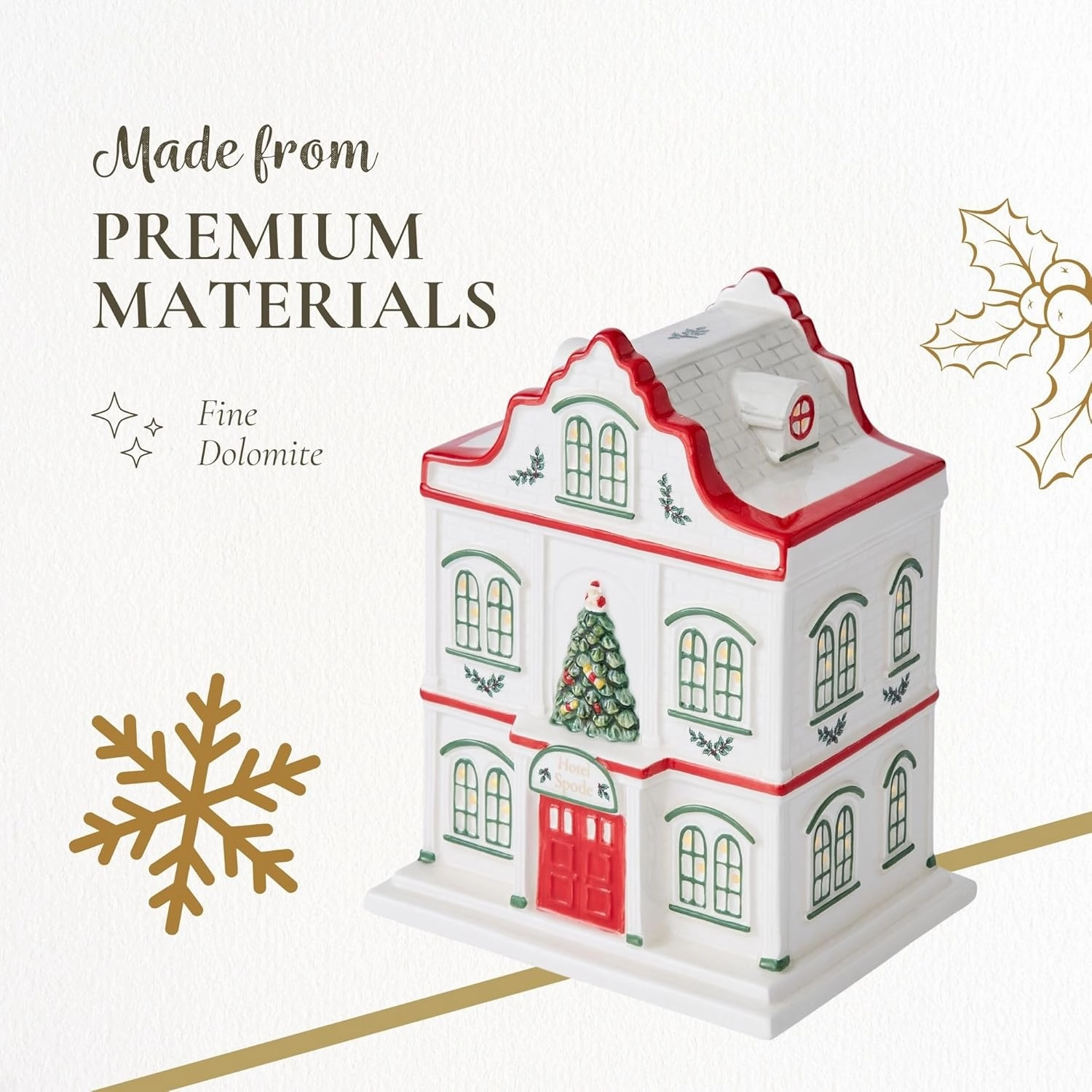 Spode Christmas Tree Miniature Christmas Village Figural Decoration, LED Lighted Christmas Village Set, Ceramic Holiday Decor - Dolomite Christmas Collectible for Indoor Display (Hotel)