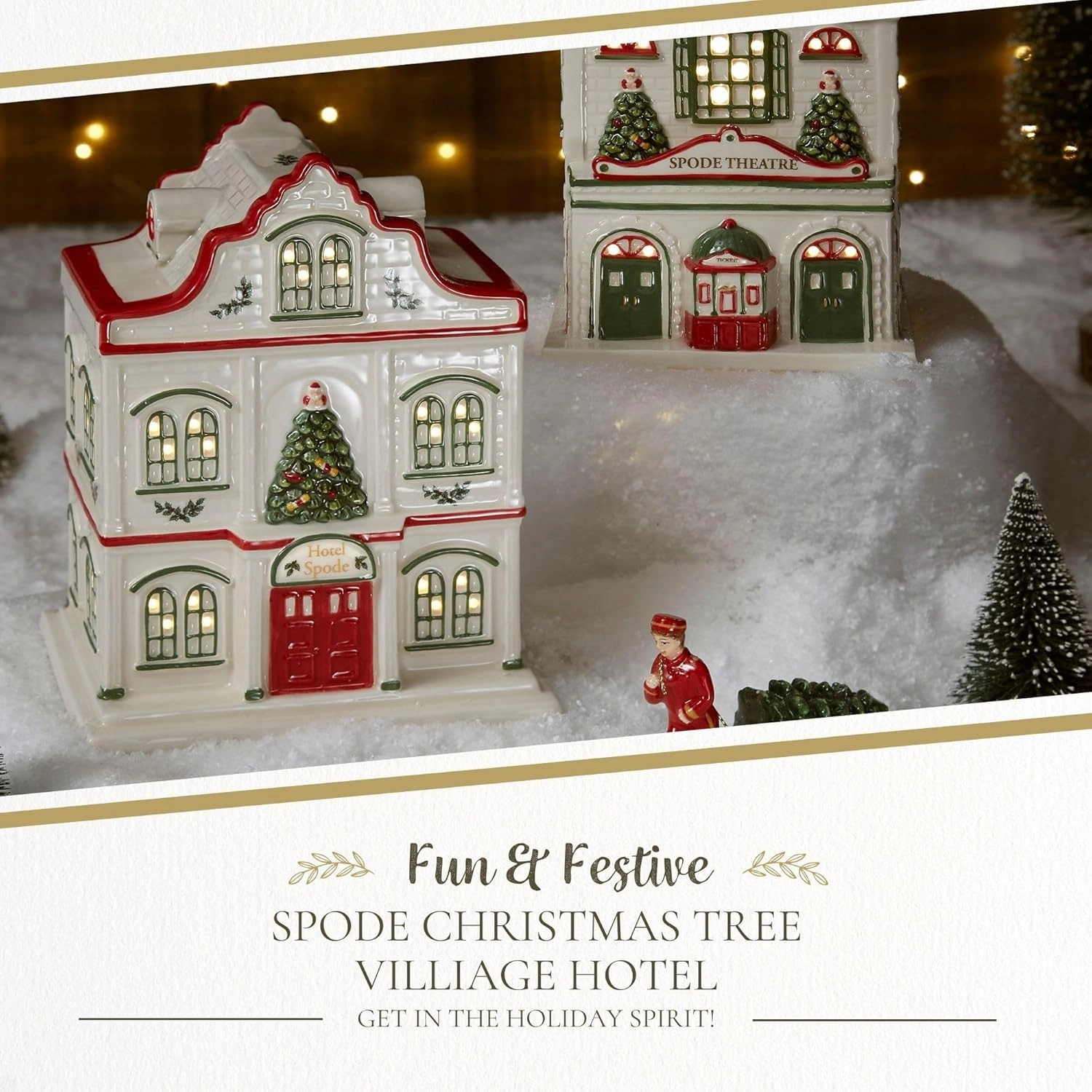 Spode Christmas Tree Miniature Christmas Village Figural Decoration, LED Lighted Christmas Village Set, Ceramic Holiday Decor - Dolomite Christmas Collectible for Indoor Display (Hotel)