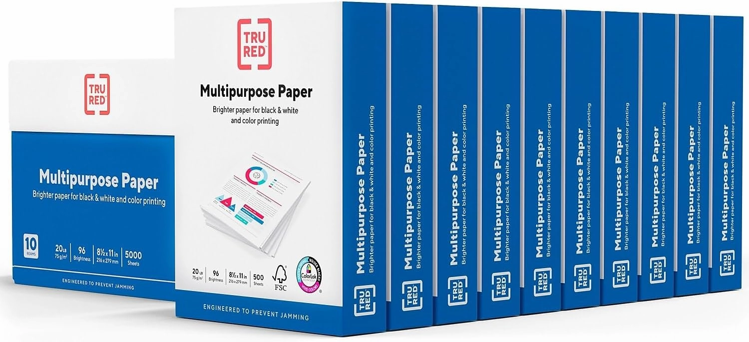 Staples TRU RED 8.5-inch x 11-inch Multipurpose Paper, 20 lbs., 96 Brightness, 500 Sheets/Ream, 10 Reams/Carton (TR56962)