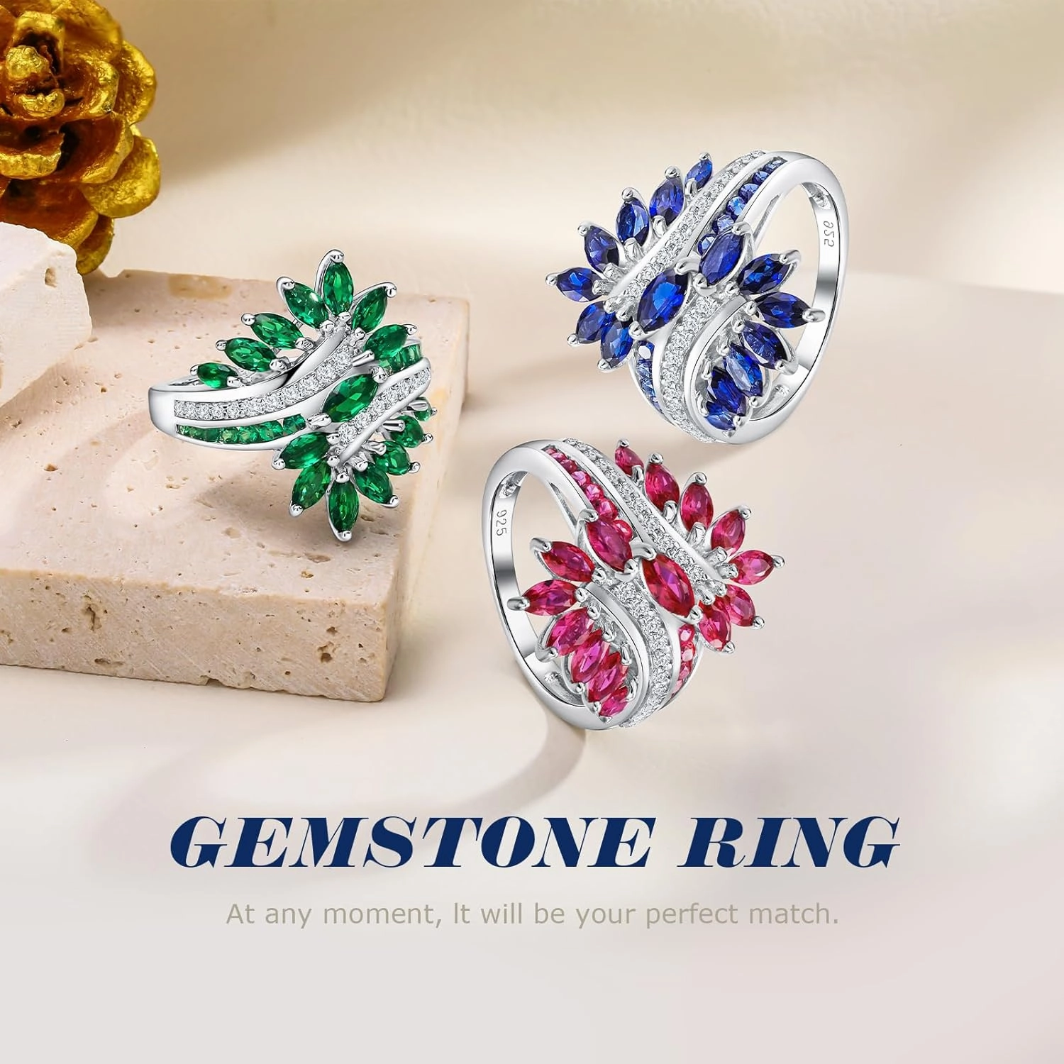 Statement Flower Ring, 14K Gold Plated, Size 6 to 10, Pink, Yellow, Green Leaf Stones, Opal, Sapphire, Ruby, Emerald, Sterling Silver, Cocktail, Engagement, Promise, Party Ring for Women