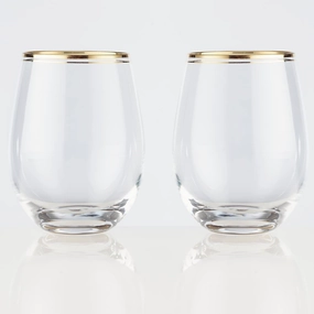 Stemless White Wine Glasses with Real Gold Trim, Crystal Wine Glass Set, 18 Oz. (Set of 2)
