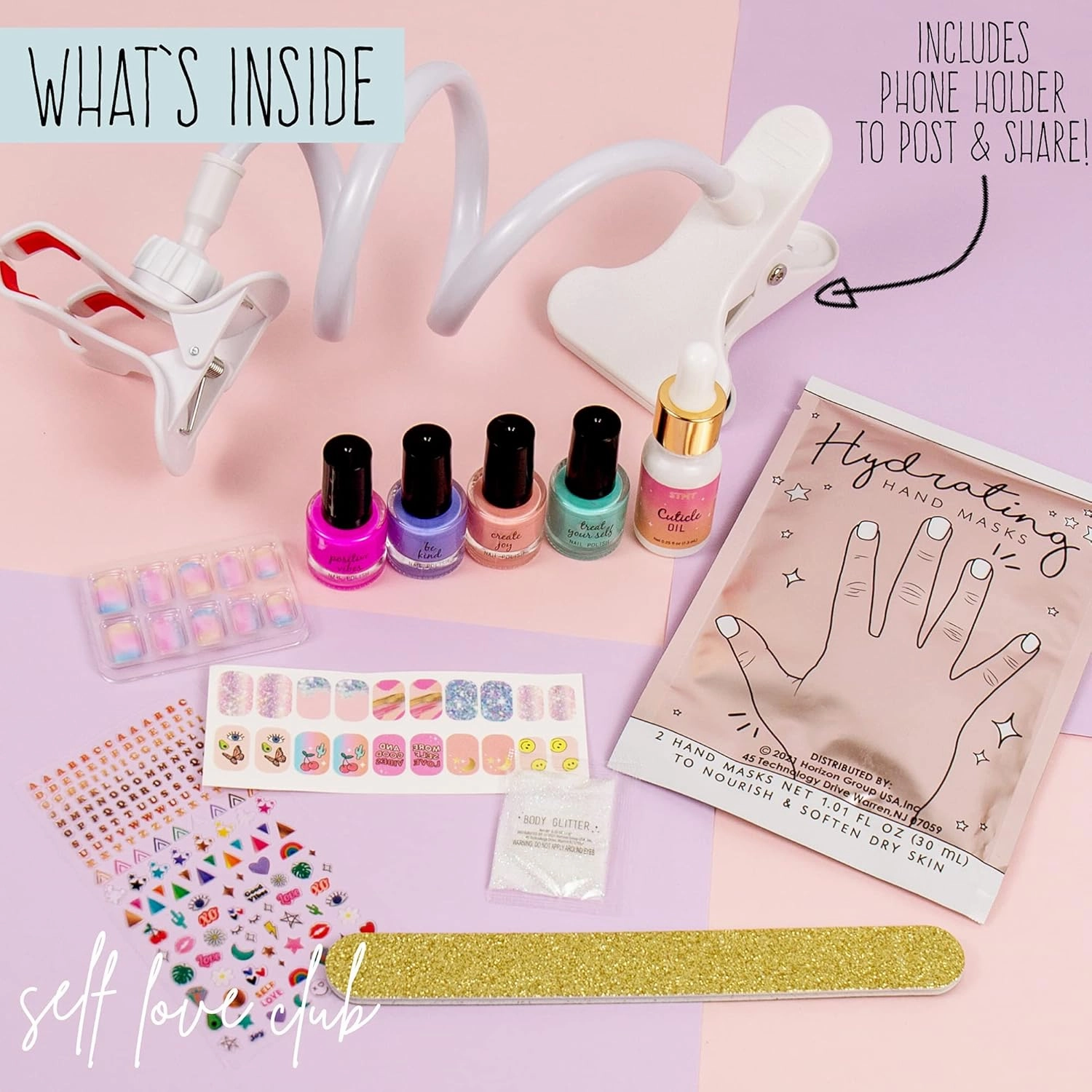 STMT Self-Love Club D.I.Y. Nail Art Studio by Horizon Group USA, 10  Essentials for at-Home Manicure Including Nail Polishes, Soothing Hand Mask, Cuticle Oil, Phone Holder, Nail Stickers & More