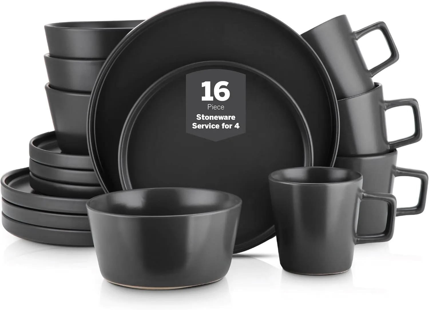Stone Lain Celina Stoneware 16 Piece Dinnerware Set, Plates and Bowls, Black Matte Dish, Service for 4 – Minimalist Round Style, Microwave & Dishwasher Safe
