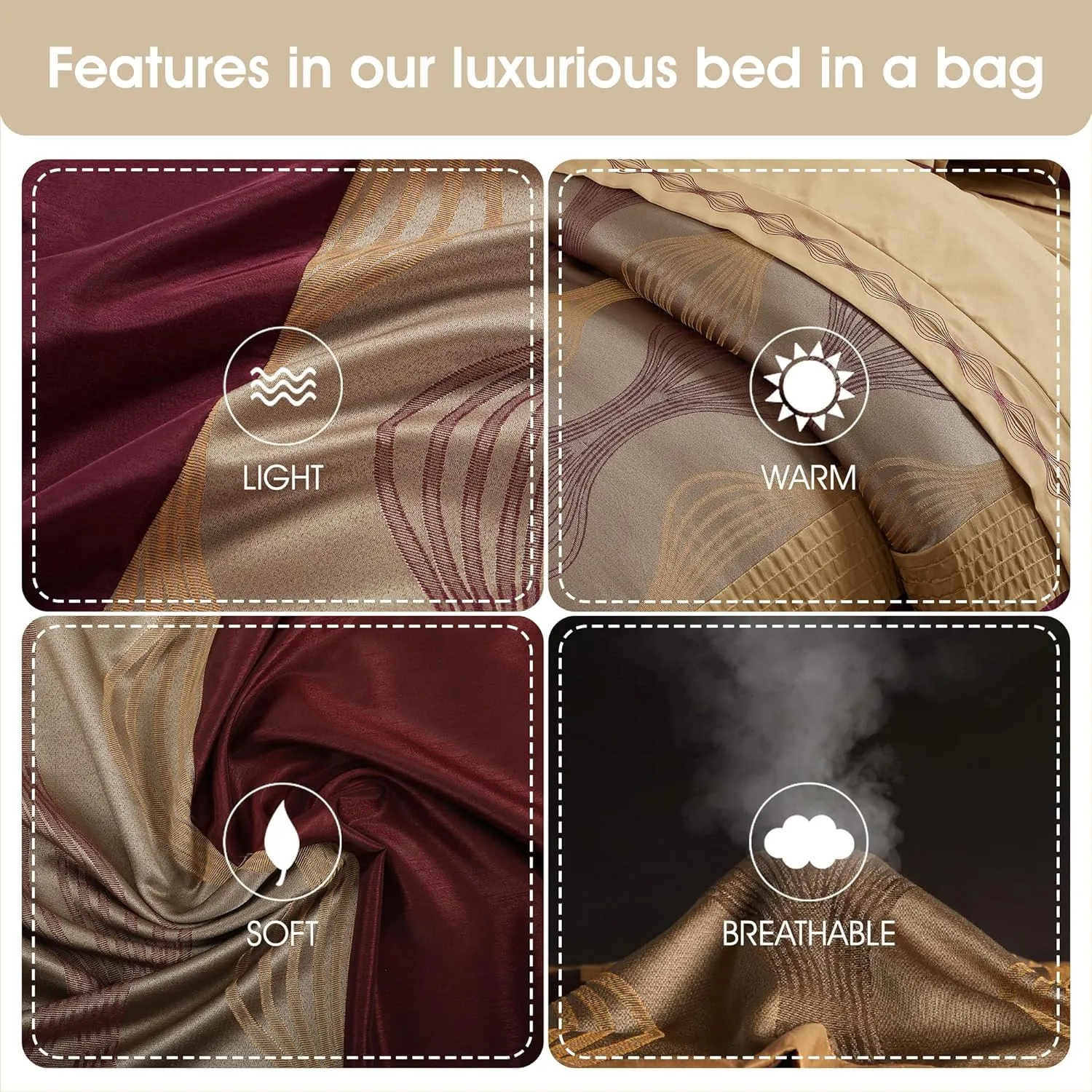 Stratford Park Wine Gold 7 Pieces Lightweight Microfiber Bed-in-a-Bag Comforter Bedding Set, Jacquard King Comforter Set, All Season Bedroom Home Décor