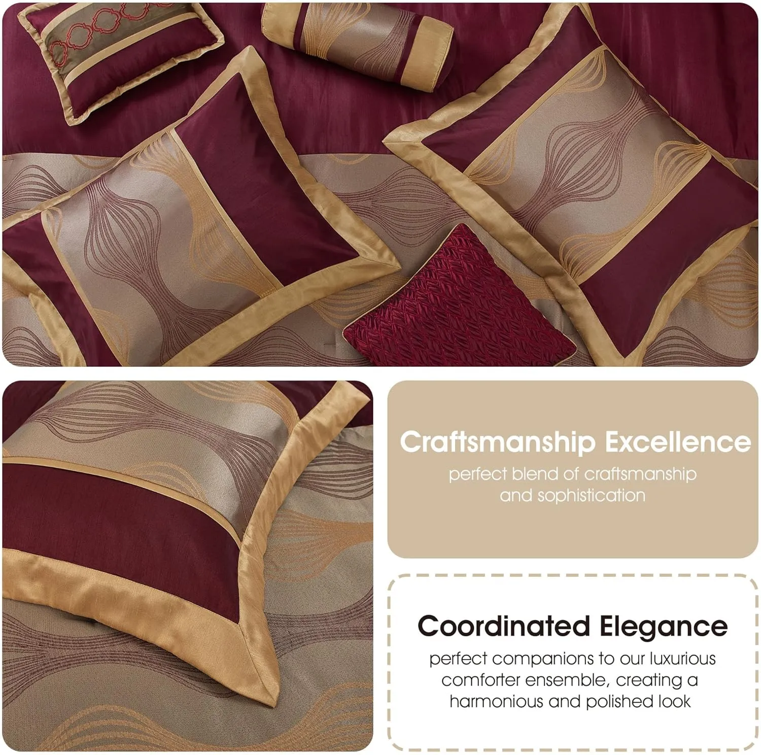Stratford Park Wine Gold 7 Pieces Lightweight Microfiber Bed-in-a-Bag Comforter Bedding Set, Jacquard King Comforter Set, All Season Bedroom Home Décor
