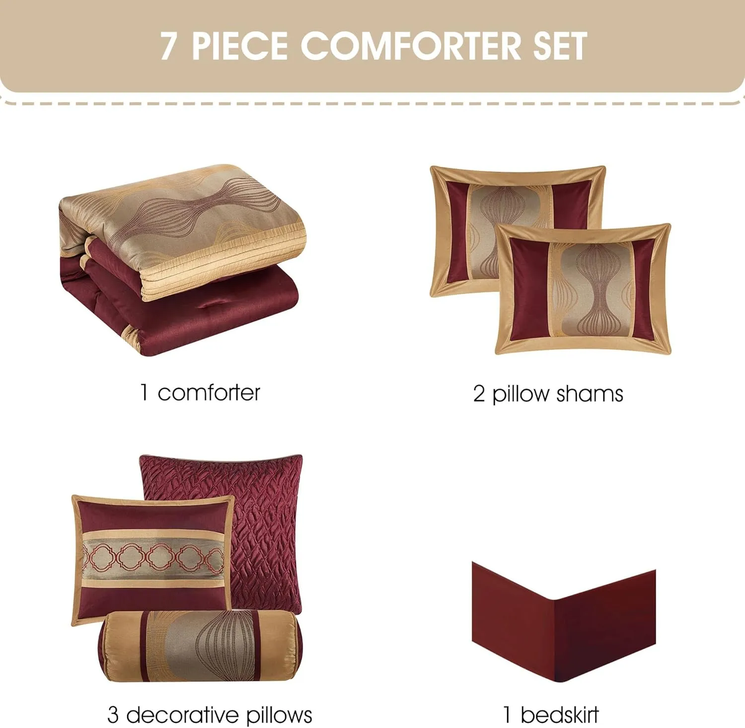 Stratford Park Wine Gold 7 Pieces Lightweight Microfiber Bed-in-a-Bag Comforter Bedding Set, Jacquard King Comforter Set, All Season Bedroom Home Décor