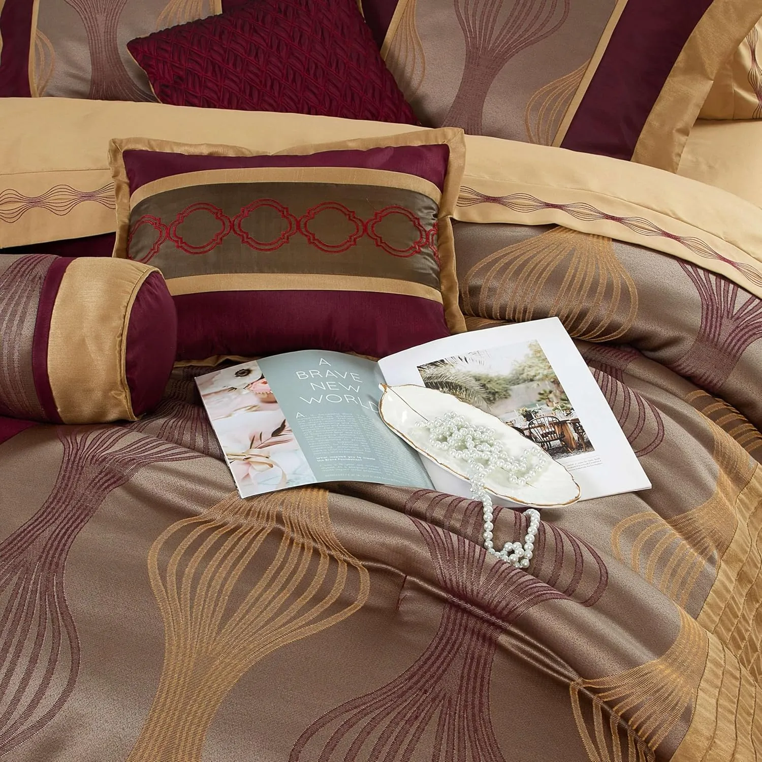 Stratford Park Wine Gold 7 Pieces Lightweight Microfiber Bed-in-a-Bag Comforter Bedding Set, Jacquard King Comforter Set, All Season Bedroom Home Décor