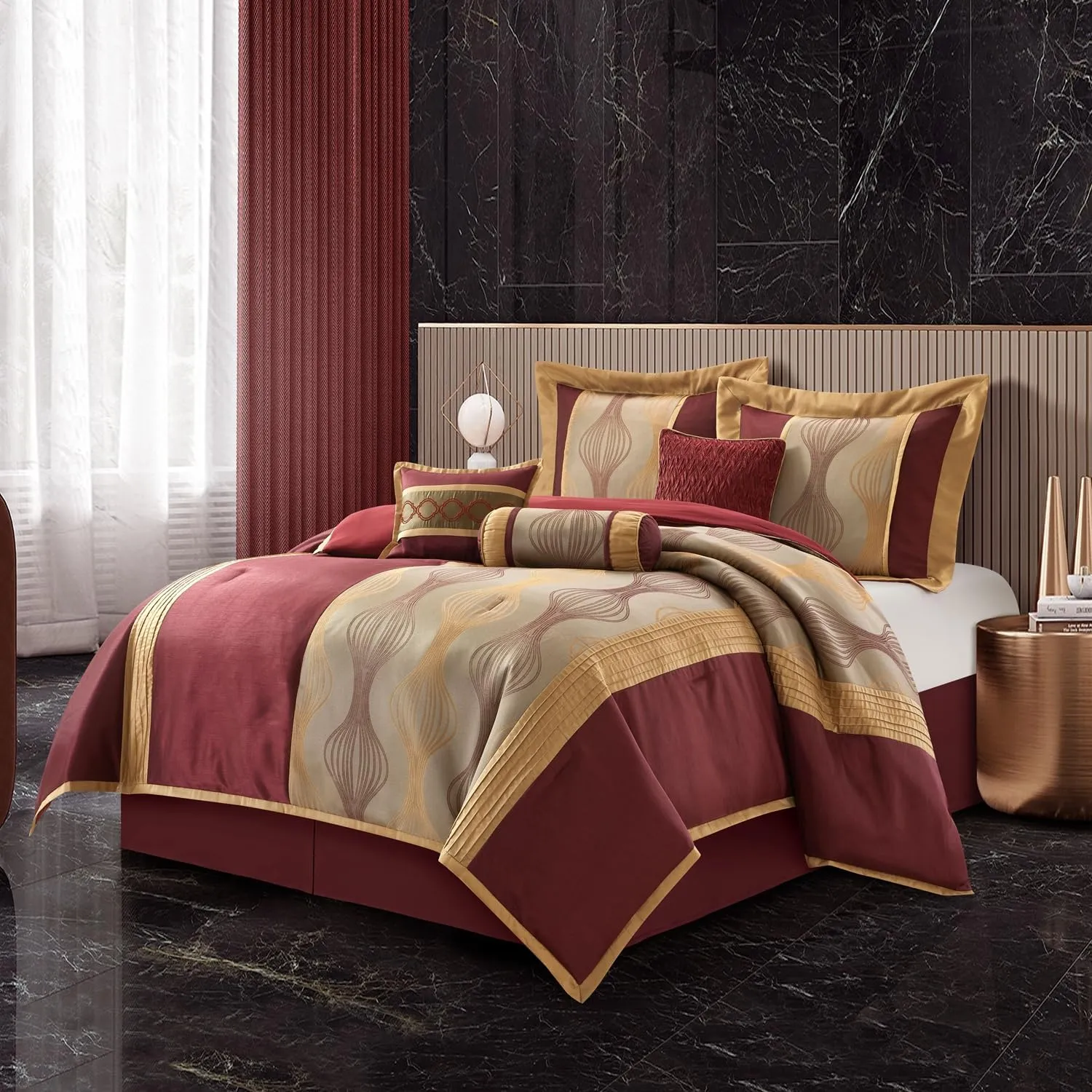 Stratford Park Wine Gold 7 Pieces Lightweight Microfiber Bed-in-a-Bag Comforter Bedding Set, Jacquard King Comforter Set, All Season Bedroom Home Décor