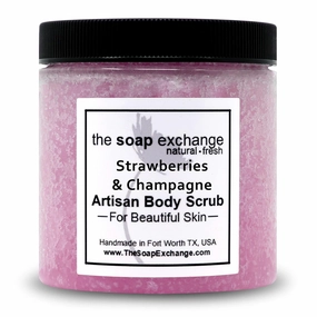 Sugar Body Scrub - Strawberries & Champagne Scent - Hand Crafted 8 fl oz / 240 ml Natural Artisan Skin Care, Shea Butter, Exfoliate, Moisturize, & Protect. Made in the USA.