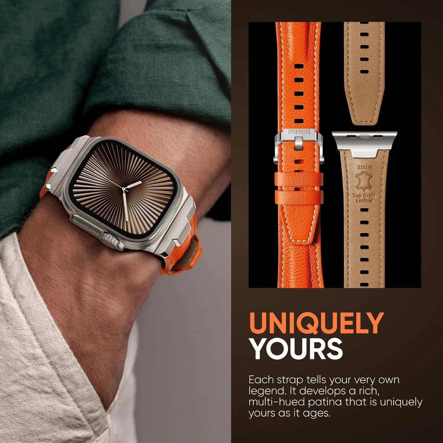 Suitisbest Leather Bands Compatible for Apple Watch Ultra Band 49mm 46mm 45mm 44mm 42mm, Genuine Leather Rugged Durable Matel Connector Replacement Strap for Women Men iWatch Ultra 10 9 8 7 6 5 4 3 SE