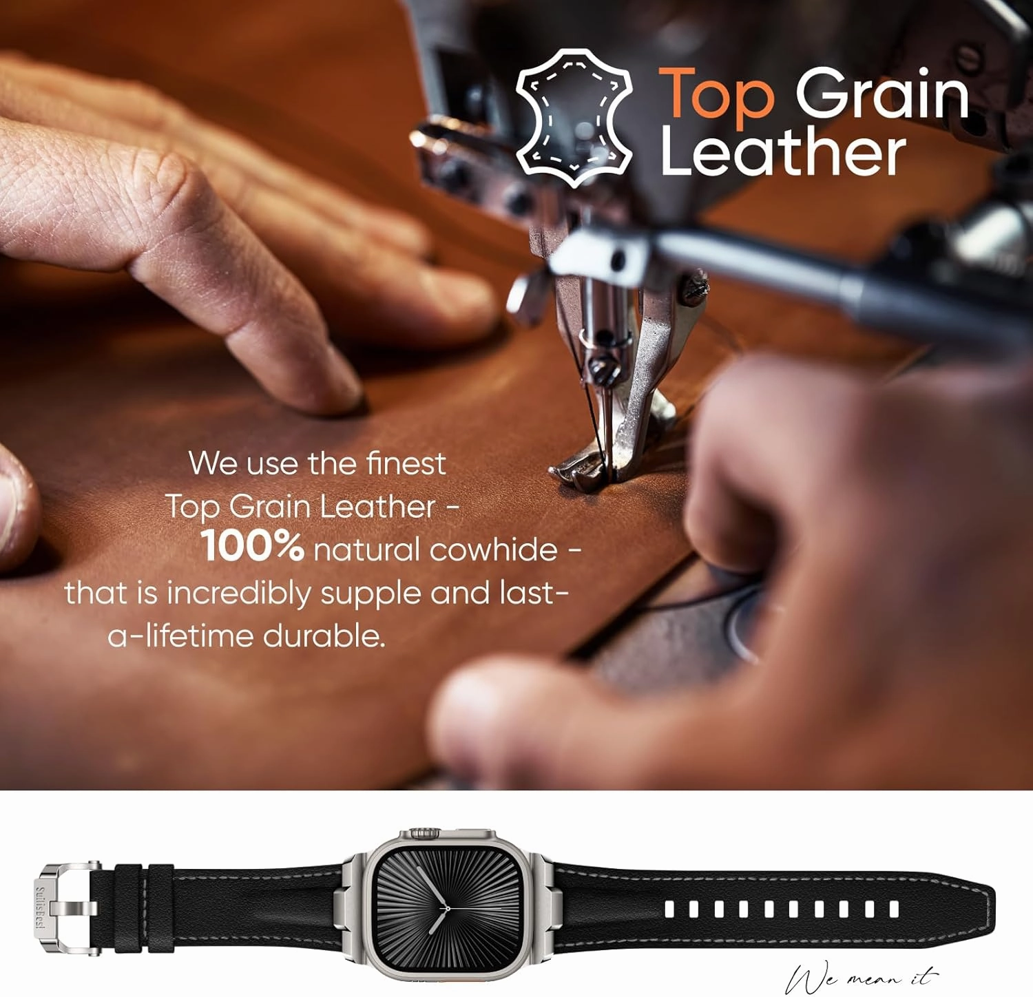 Suitisbest Leather Bands Compatible for Apple Watch Ultra Band 49mm 46mm 45mm 44mm 42mm, Genuine Leather Rugged Durable Matel Connector Replacement Strap for Women Men iWatch Ultra 10 9 8 7 6 5 4 3 SE