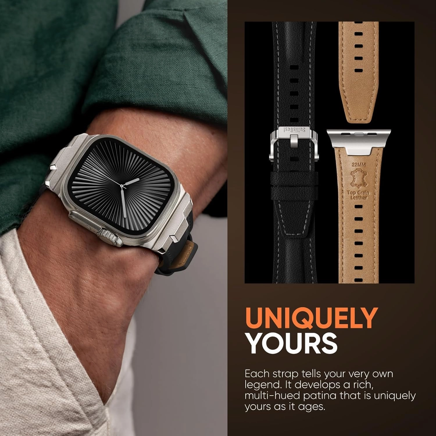Suitisbest Leather Bands Compatible for Apple Watch Ultra Band 49mm 46mm 45mm 44mm 42mm, Genuine Leather Rugged Durable Matel Connector Replacement Strap for Women Men iWatch Ultra 10 9 8 7 6 5 4 3 SE