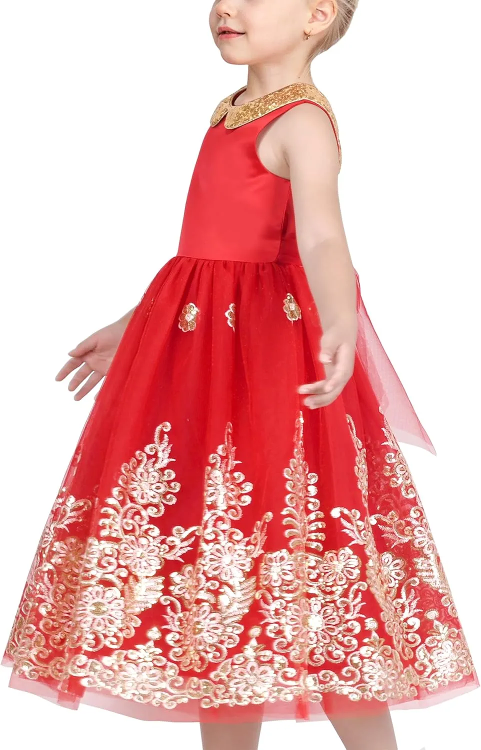 Sunny Fashion Girls Dress Red Floral Gold Embroidery Party Pageant Ball Gown Sleeveless