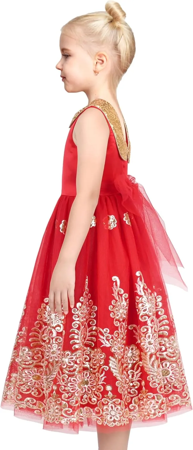Sunny Fashion Girls Dress Red Floral Gold Embroidery Party Pageant Ball Gown Sleeveless