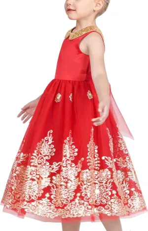 Sunny Fashion Girls Dress Red Floral Gold Embroidery Party Pageant Ball Gown Sleeveless