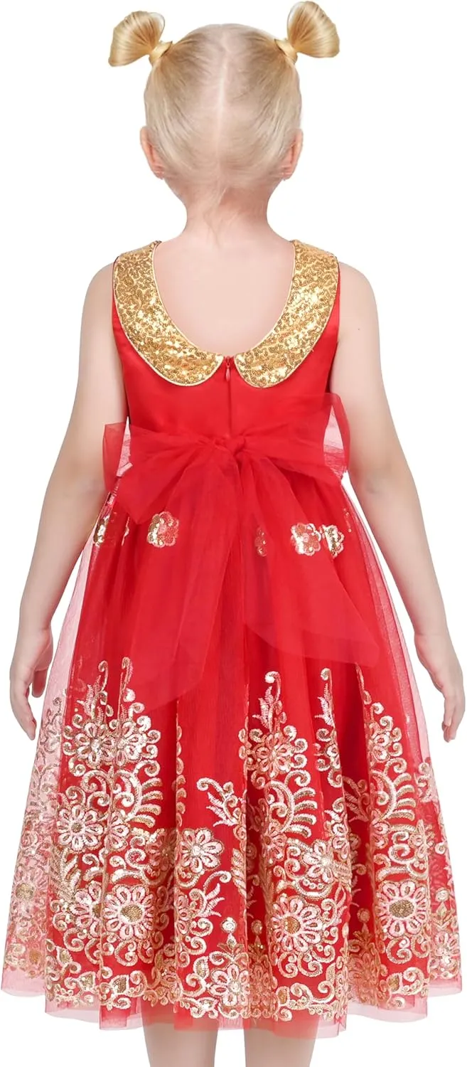 Sunny Fashion Girls Dress Red Floral Gold Embroidery Party Pageant Ball Gown Sleeveless