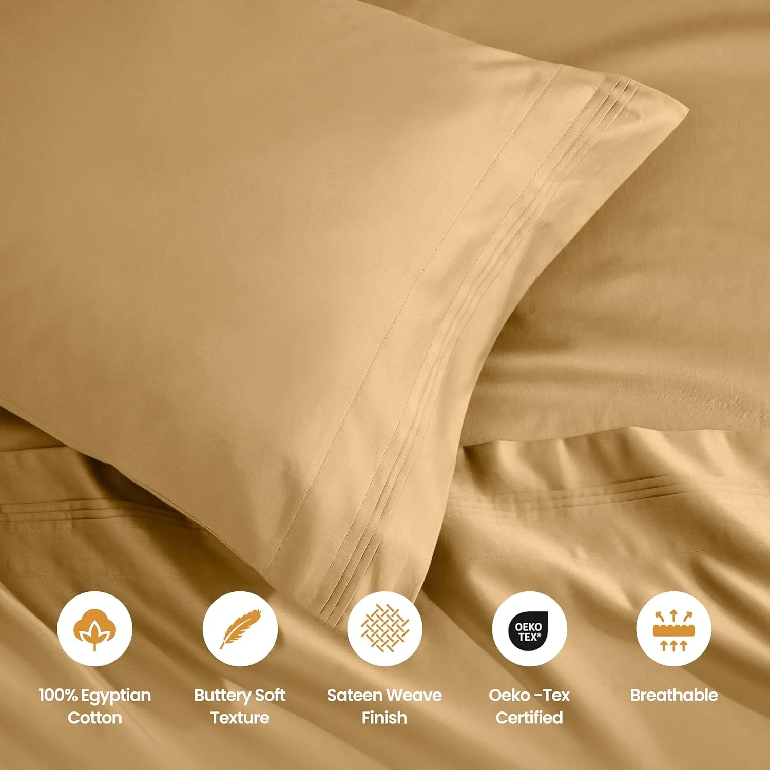 Superior Egyptian Cotton 4 Piece Sheet Set, Luxury 1500 Thread Count, Modern Design, Sustainable Sheets, Basics, Solid, Deep Pocket Fitted Sheet, Flat Sheet, Pillowcases, California King, Gold