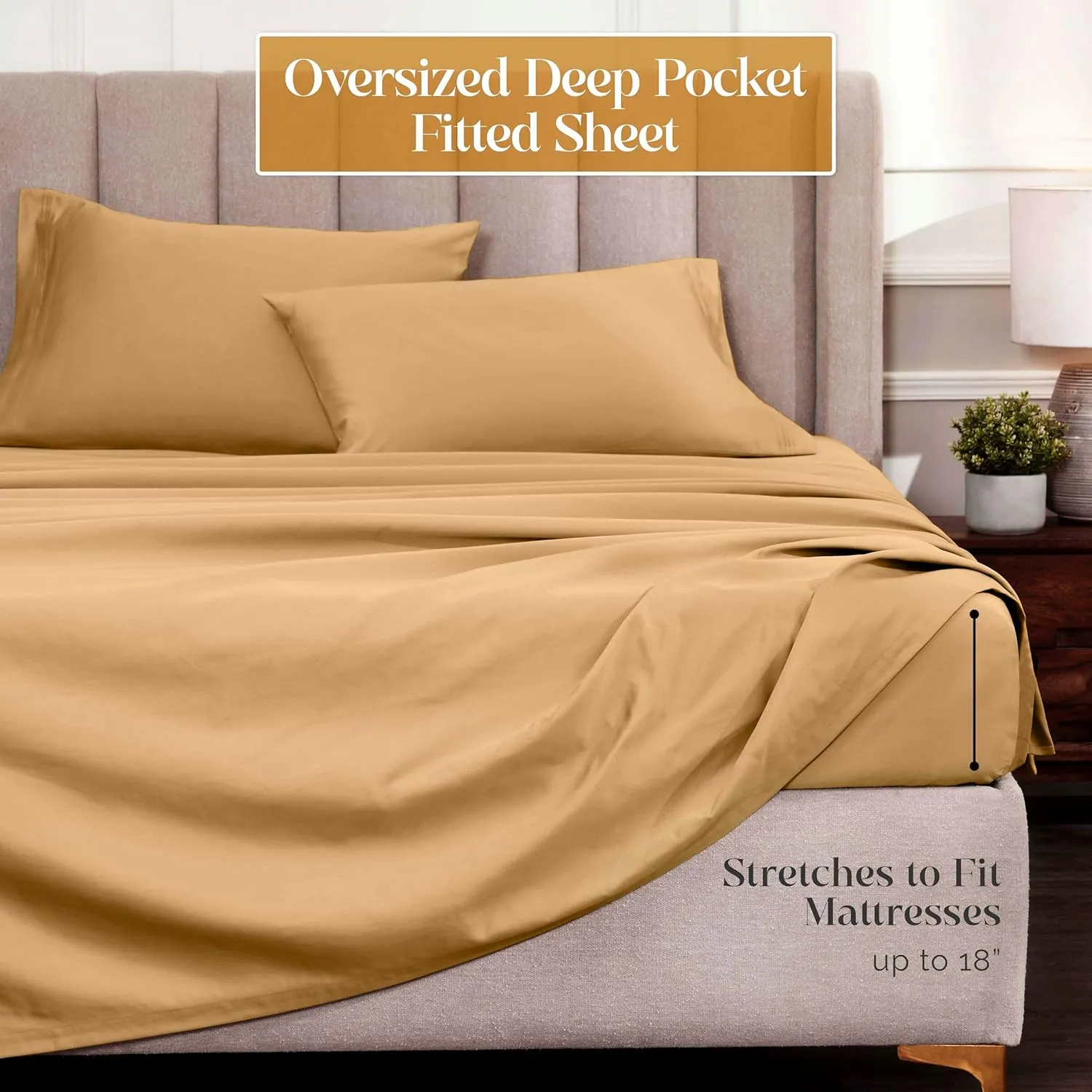Superior Egyptian Cotton 4 Piece Sheet Set, Luxury 1500 Thread Count, Modern Design, Sustainable Sheets, Basics, Solid, Deep Pocket Fitted Sheet, Flat Sheet, Pillowcases, California King, Gold
