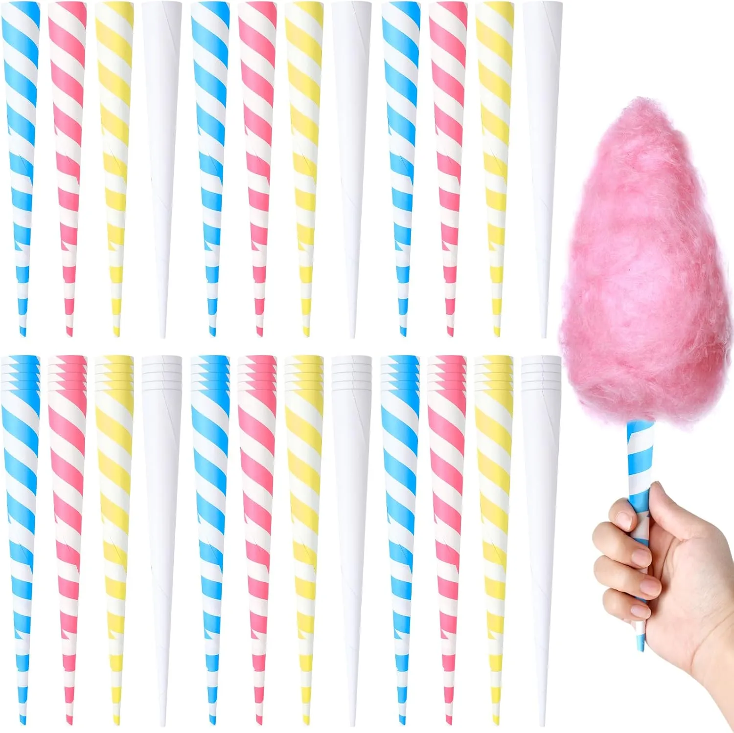 Supkiir 100Pcs Cotton Candy Cones, Striped Colorful Cotton Candy Sticks in Kraft Box, Paper Cotton Candy Floss Sugar Cane Holder for Cotton Candy Making Accessories Party Birthday Supplies