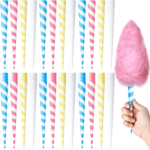 Supkiir 100Pcs Cotton Candy Cones, Striped Colorful Cotton Candy Sticks in Kraft Box, Paper Cotton Candy Floss Sugar Cane Holder for Cotton Candy Making Accessories Party Birthday Supplies