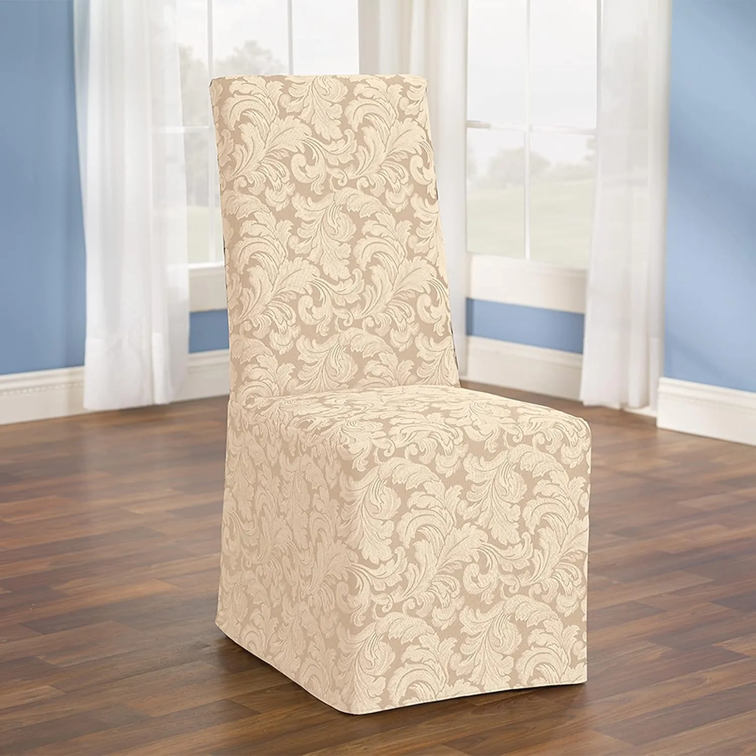 Sure FIT Home Décor Scroll Long Dining Room Chair One Piece Slipcover, Relaxed Fit, Cotton/Polyester, Machine Washable, Dinning - Champagne Color