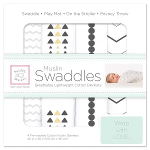SwaddleDesigns Cotton Muslin Swaddle Blankets, Set of 4, Receiving Blankets for Baby Boys & Girls, Best Shower Gift, 46x46 inches, Gold & Graphite