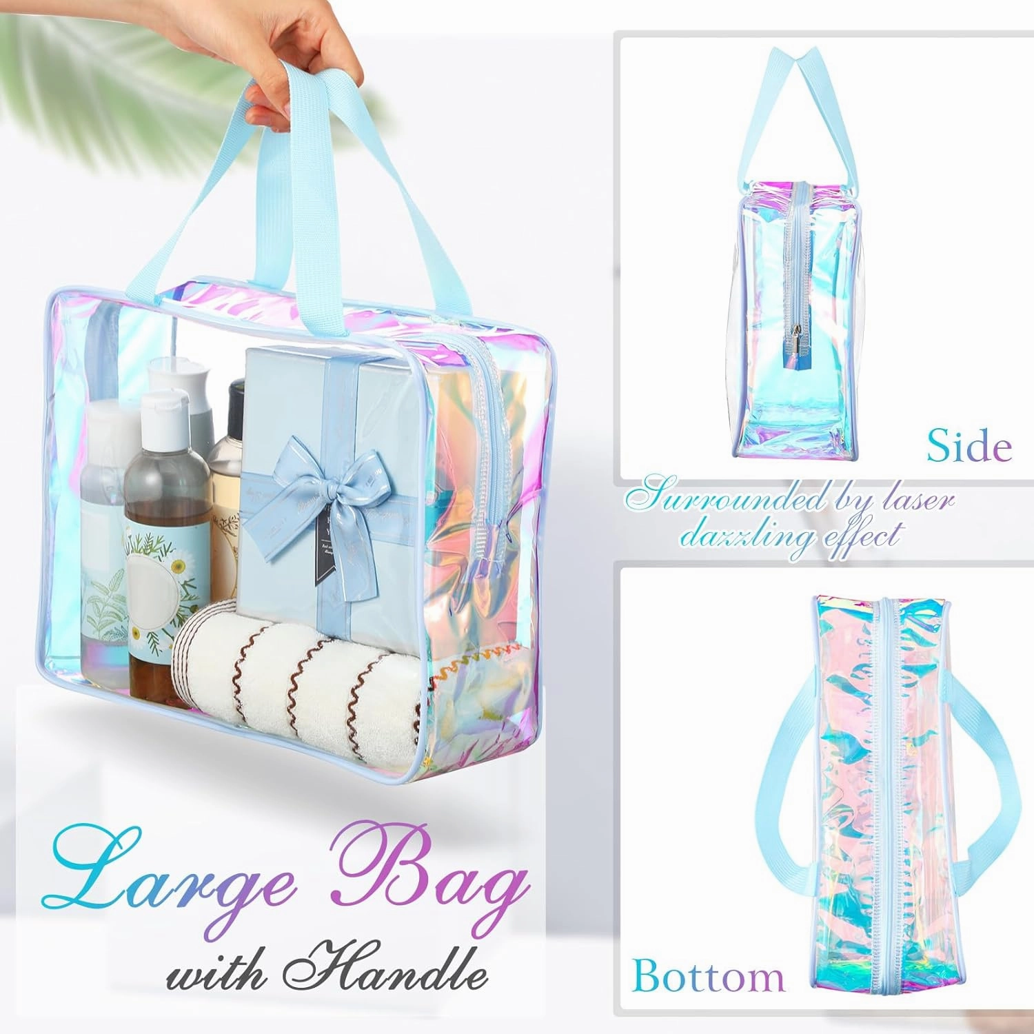 Sweetude 10 Pcs Large Clear Toiletry Bag Large Capacity Travel Makeup Bag PVC Clear Plastic Tote Punch Iridescent Cosmetic Clothes Organizer for Women Men (Blue)